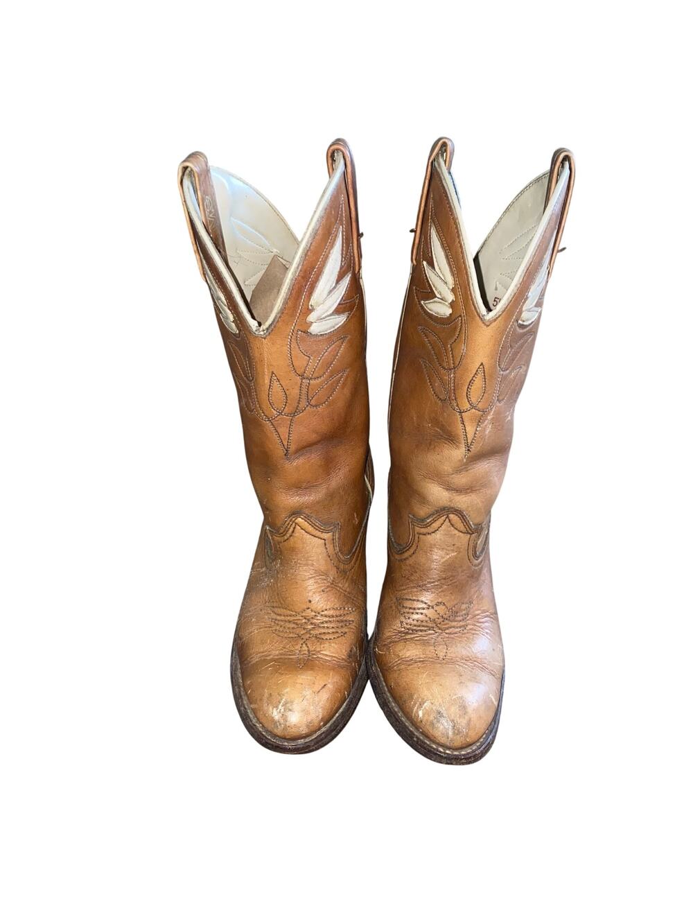 Vintage Acme Distressed Western Cowboy Boots Tan Leather Heeled 5.5M